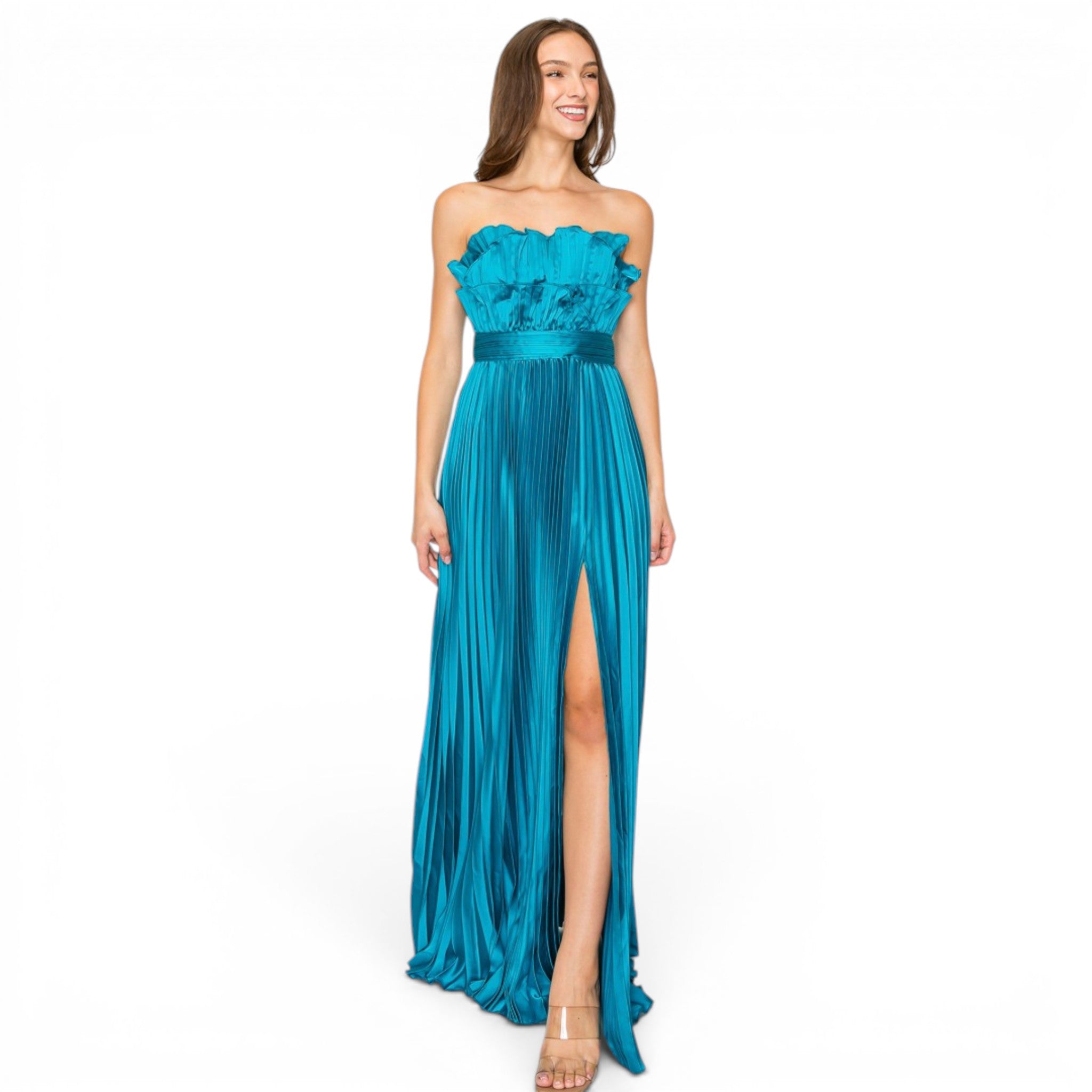 Vestido Largo Azul Pavo con Volantes y Abertura Lateral