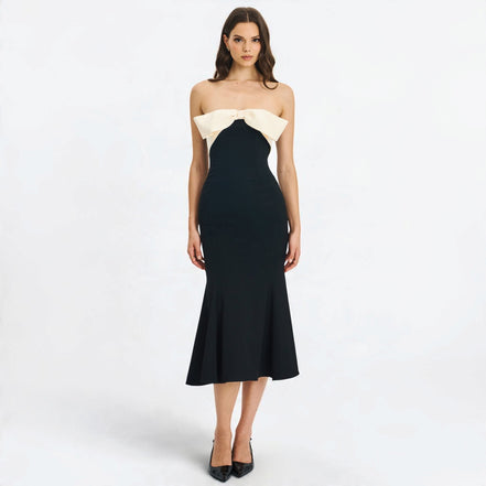 Vestido Midi Strapless Negro con Moño Marfil Corte Sirena