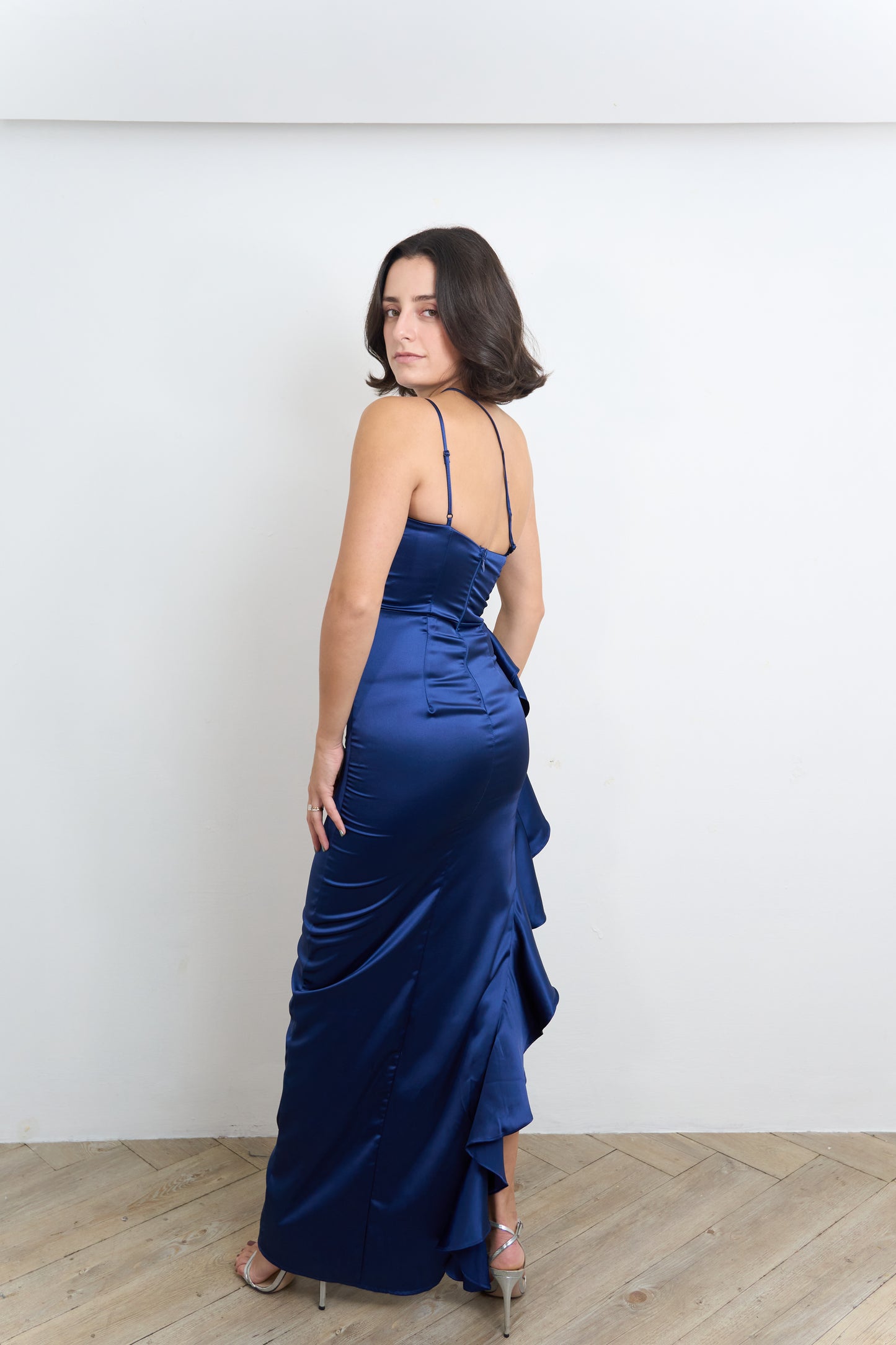 One Shoulder Navy Satin Dress
