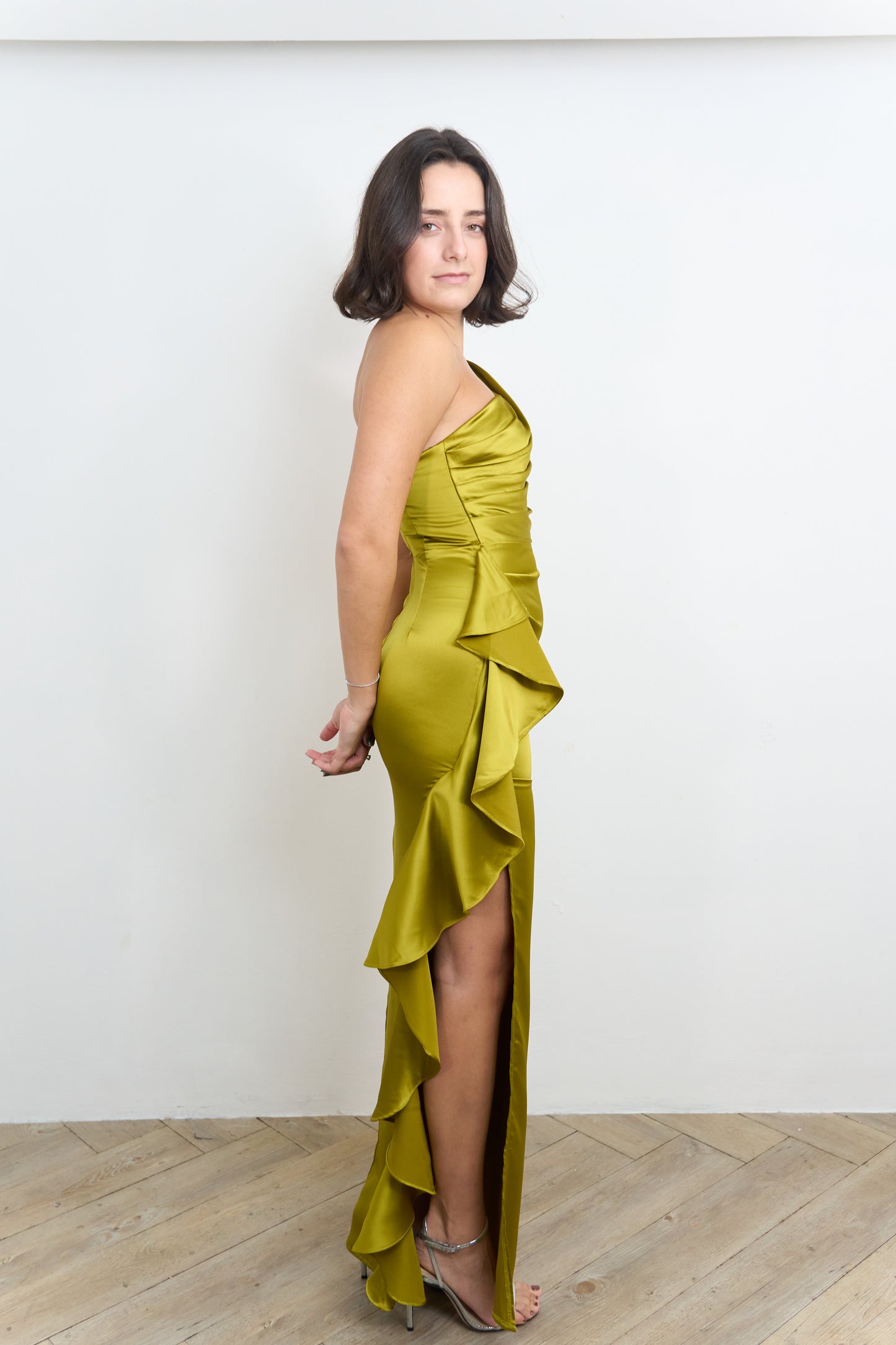 One Shoulder Golden Satin Dress