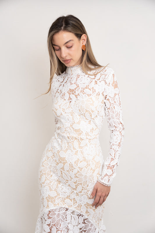 White Bridal Lace Midi Dress