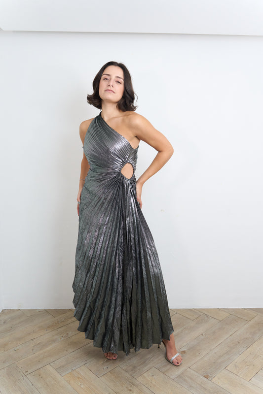 Metallic Silver Pleated Midi Dress