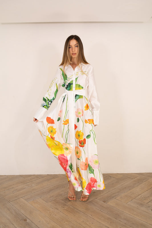 White Hand-Painted Flowers Dress