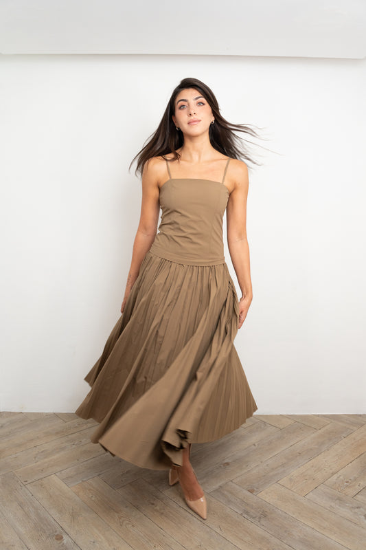 Olive Mocha Midi Pleated Skirt Dress