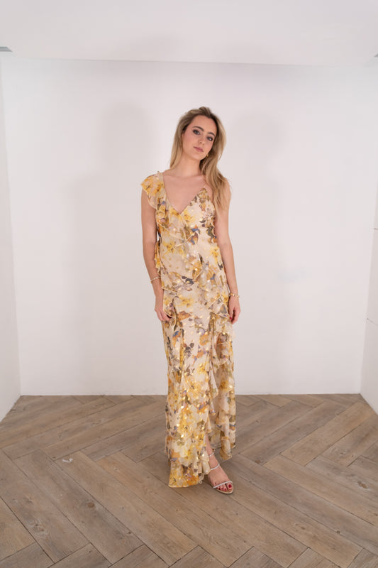 Golden Foil Floral Maxi Dress