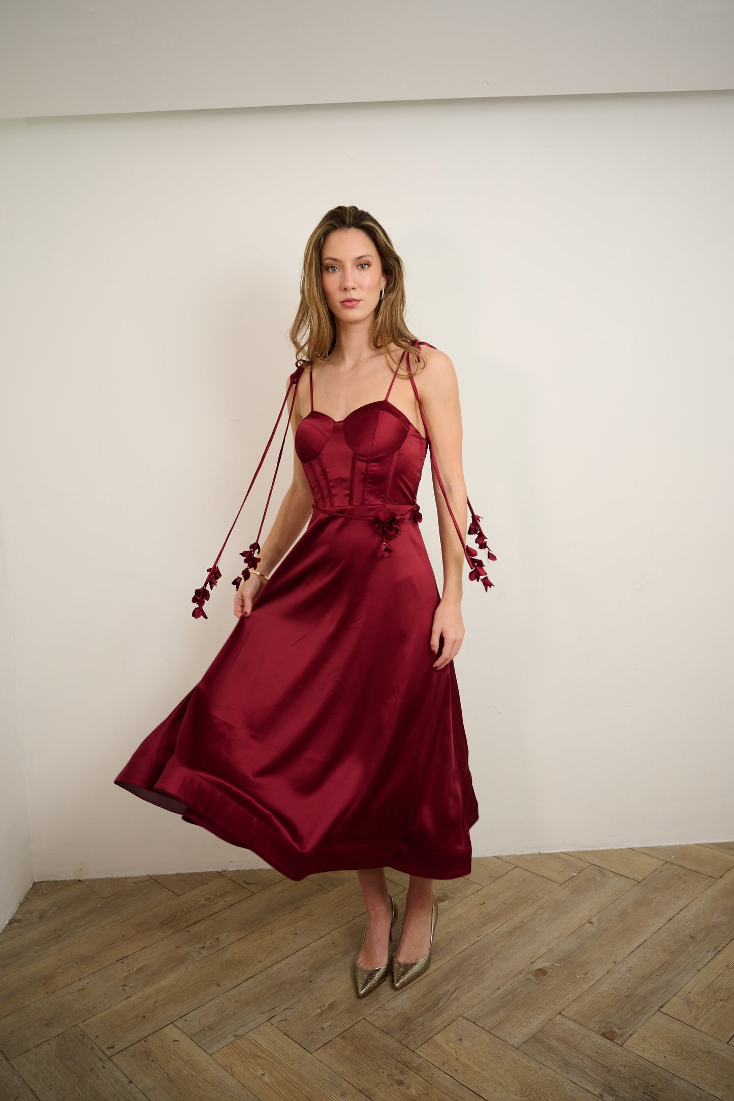 Wine Fall Satin Midi Dress