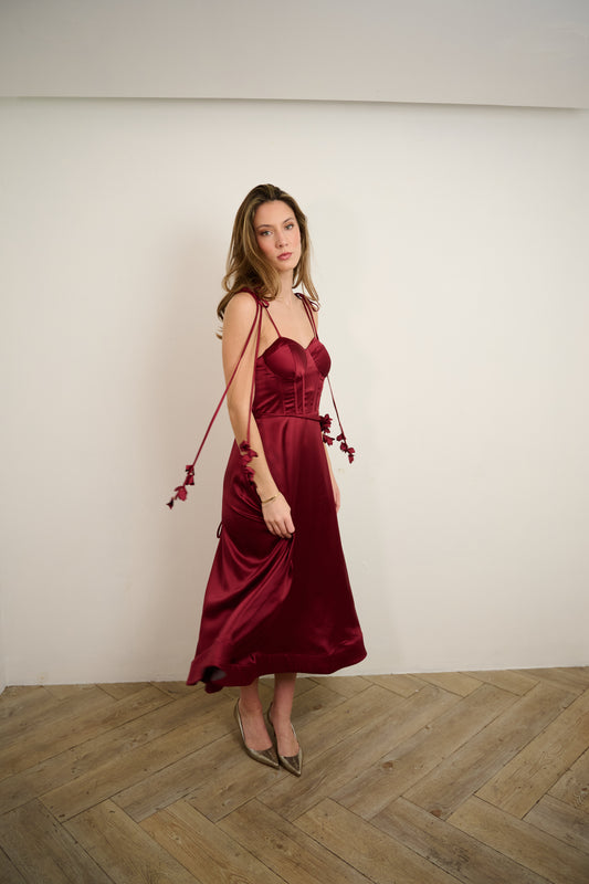 Wine Fall Satin Midi Dress