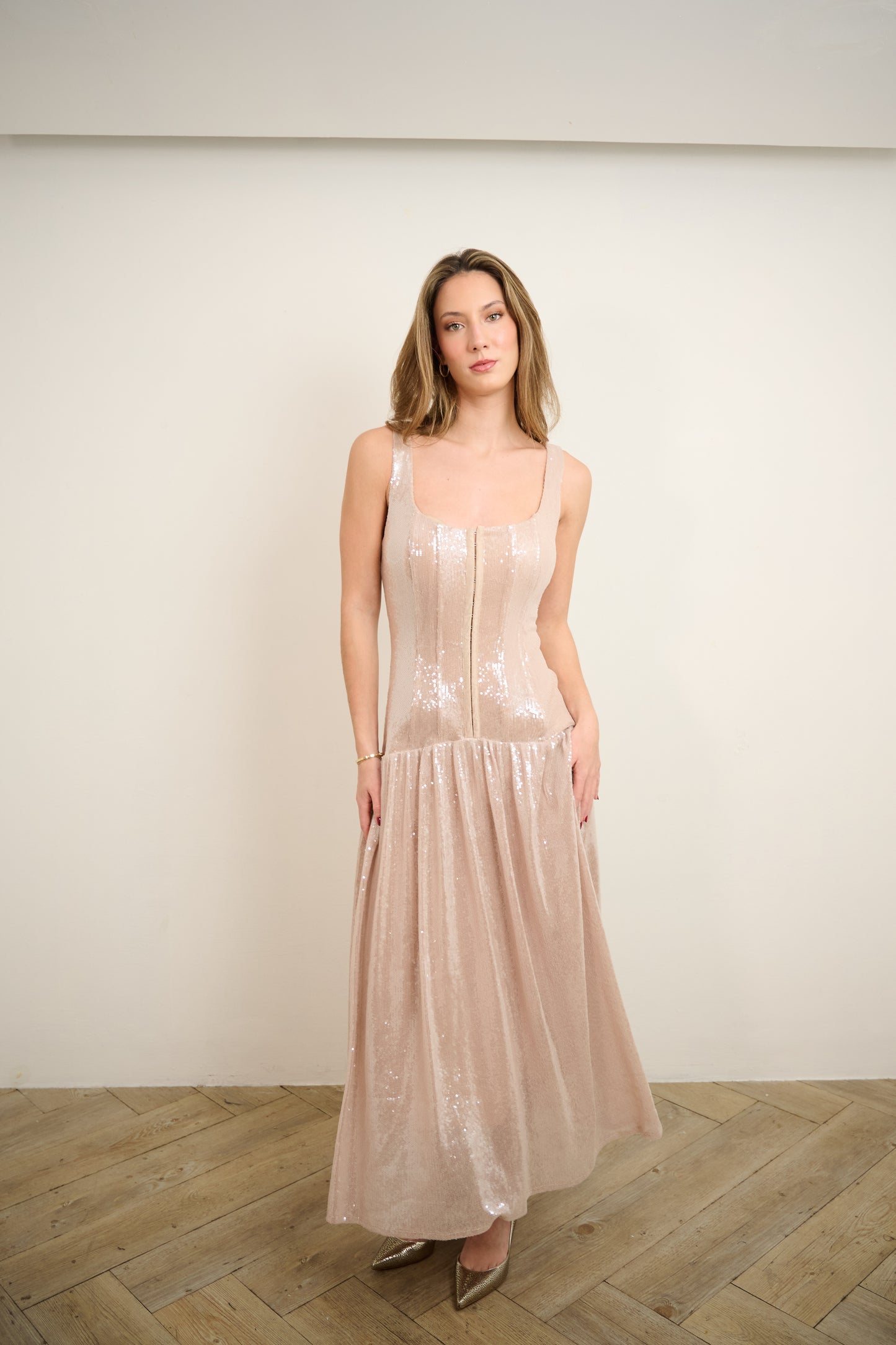 Taupe Pink Sequin Maxi Dress