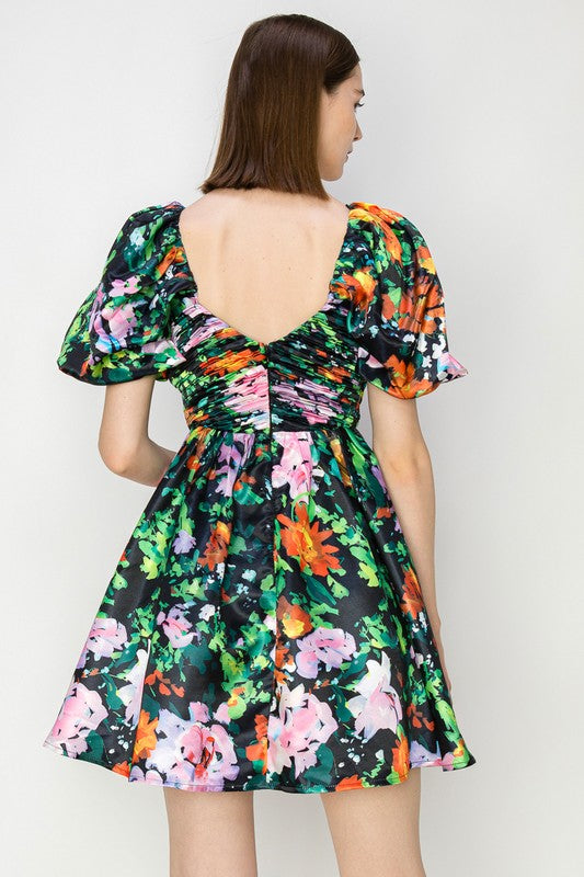 Black V-neck Floral Print Mini Dress