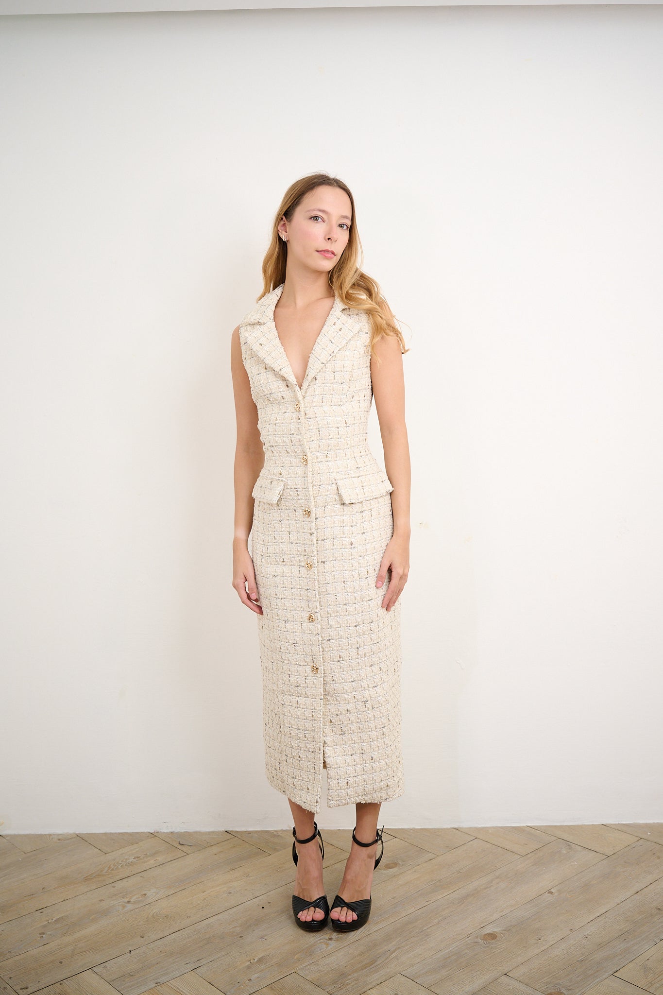 Cream Tweed Button Dress