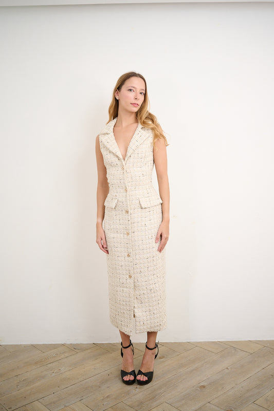 Cream Tweed Button Dress
