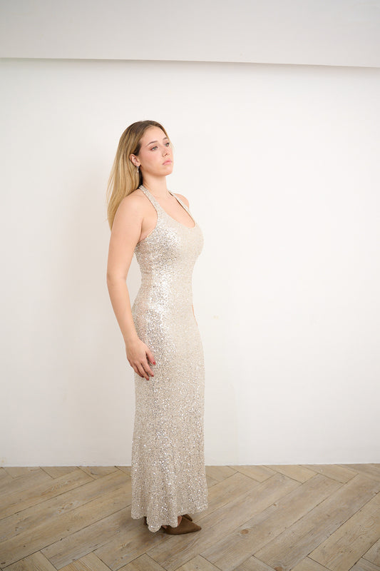 Champagne Halter Sequin Mermaid Dress