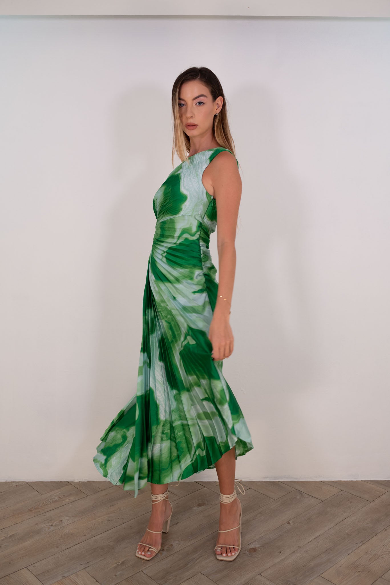 Tropical Green Pleated Dress