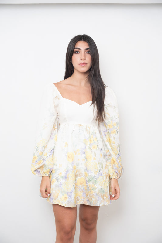 Butter Yellow Flowers Mini Dress