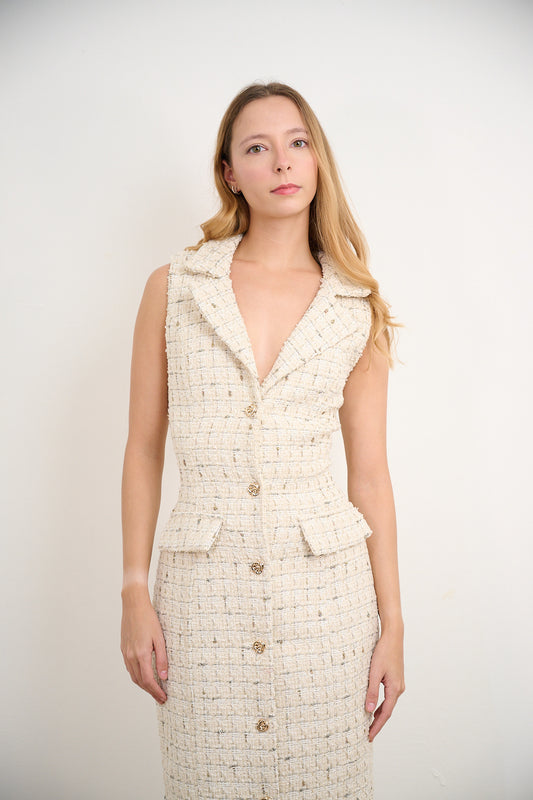 Cream Tweed Button Dress