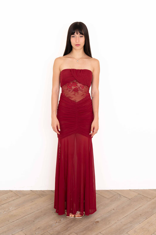 Wine Lace Illusion Maxi Dress