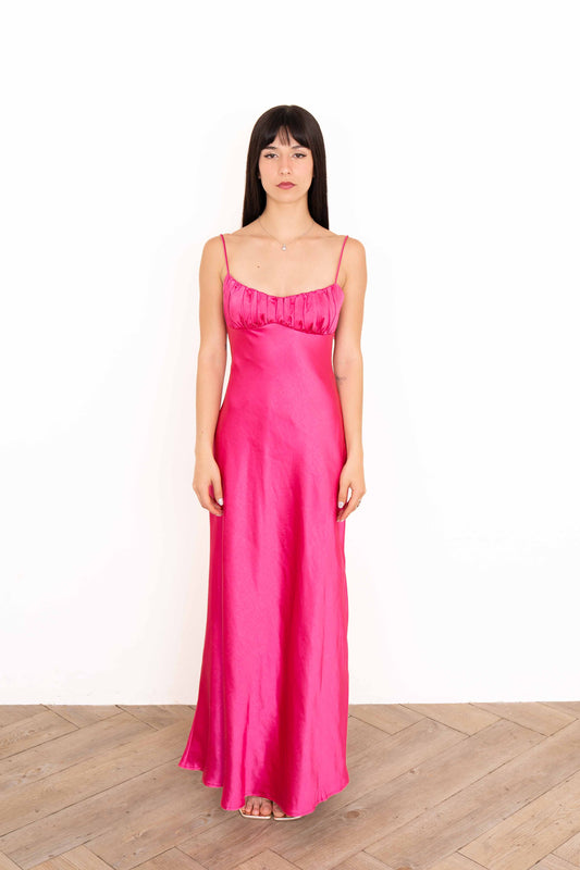 Fuchsia Twist Back Satin Midi Dress