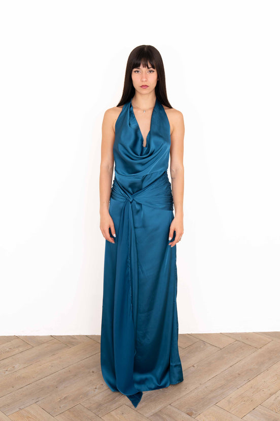 Vestido Largo Drapeado Azul