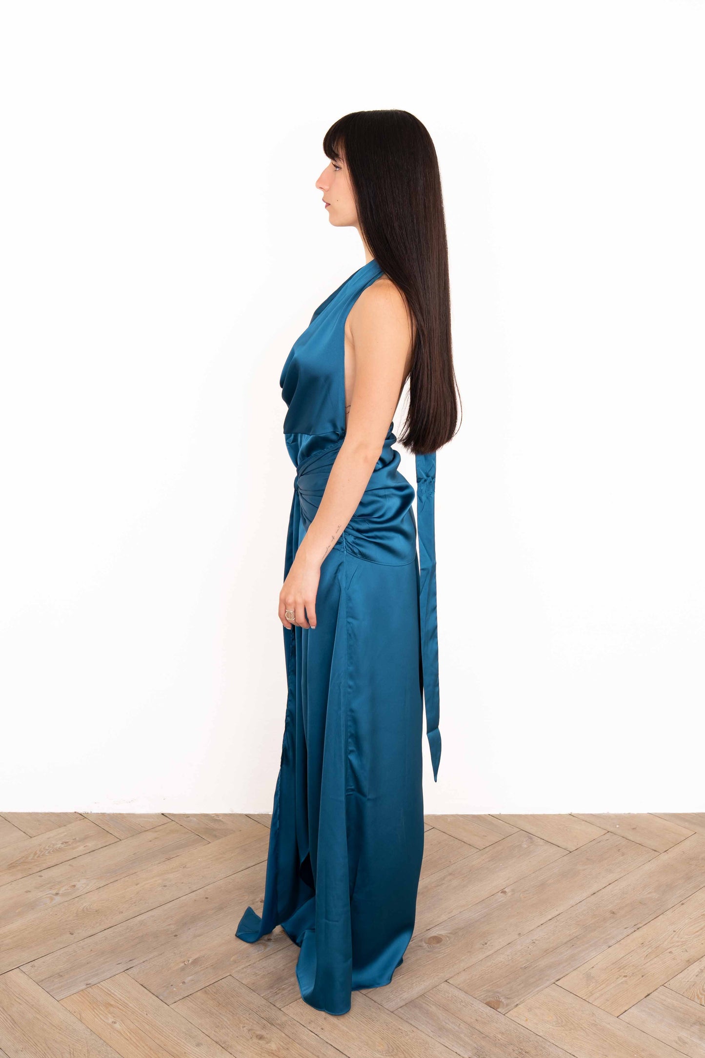 Vestido Largo Drapeado Azul