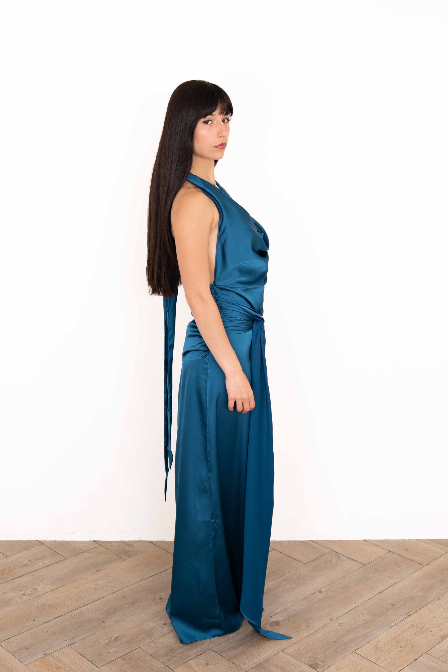 Vestido Largo Drapeado Azul