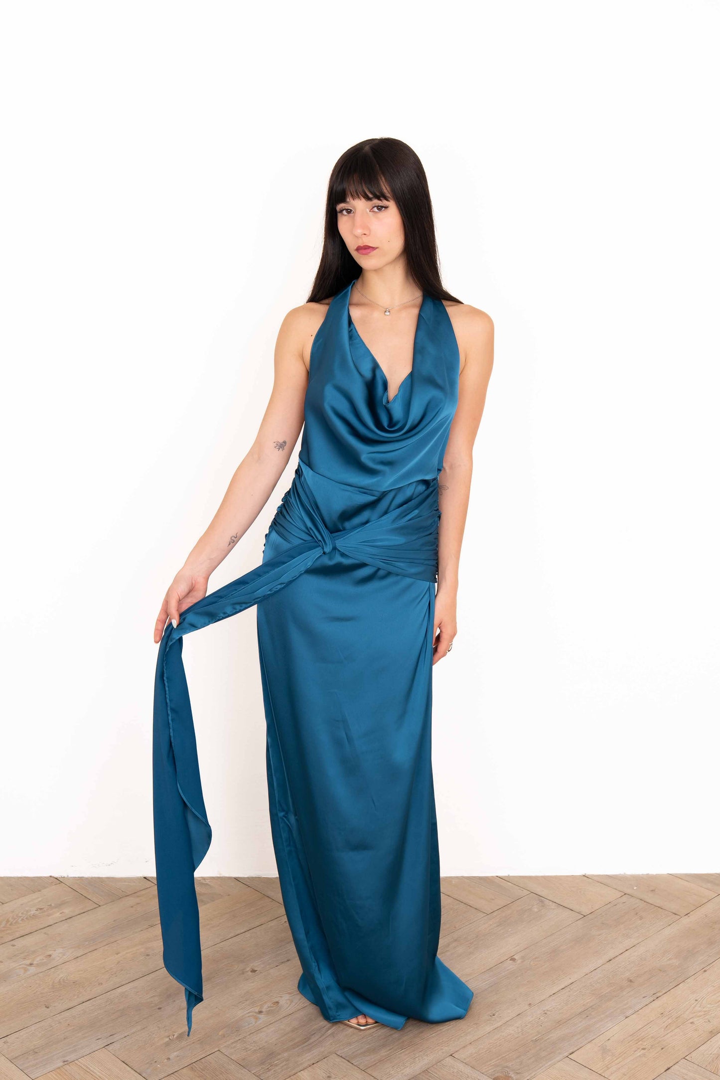 Vestido Largo Drapeado Azul