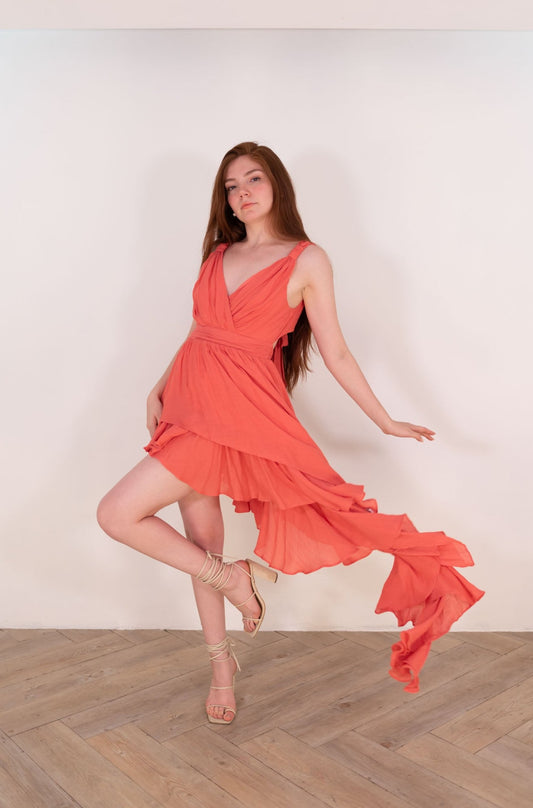 Coral Linen Hi-Low Dress