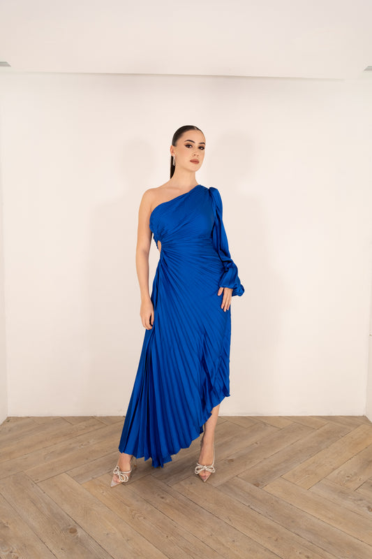 Blue Pleated One Shoulder Dress