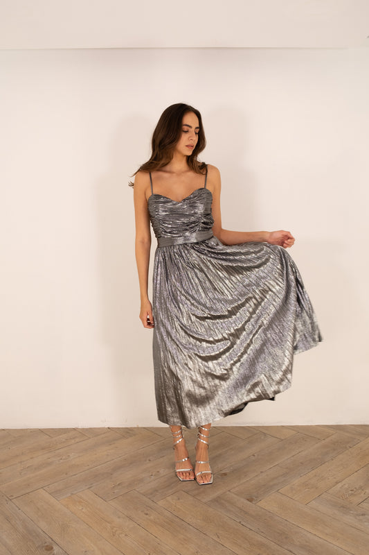 Metallic Pleated Silver Dress