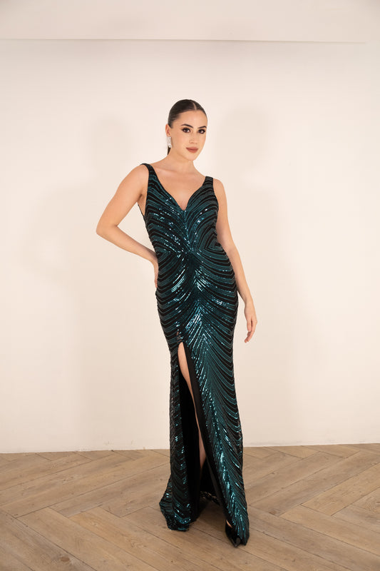 Black and Teal Sequin Maxi Dress