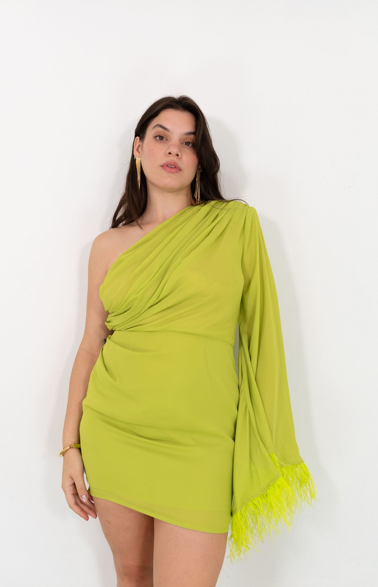 Lime One Shoulder Feather Dress