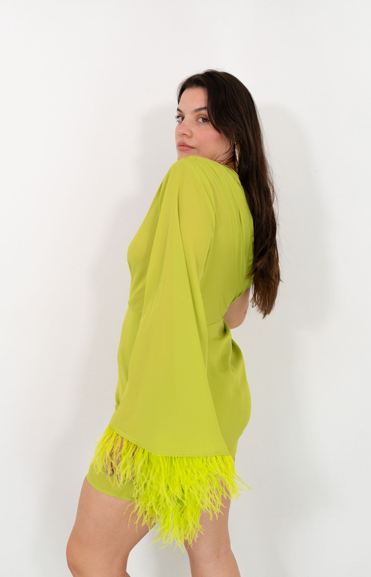 Lime One Shoulder Feather Dress