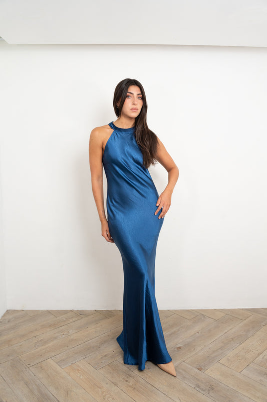 Blue Halter Silk Dress