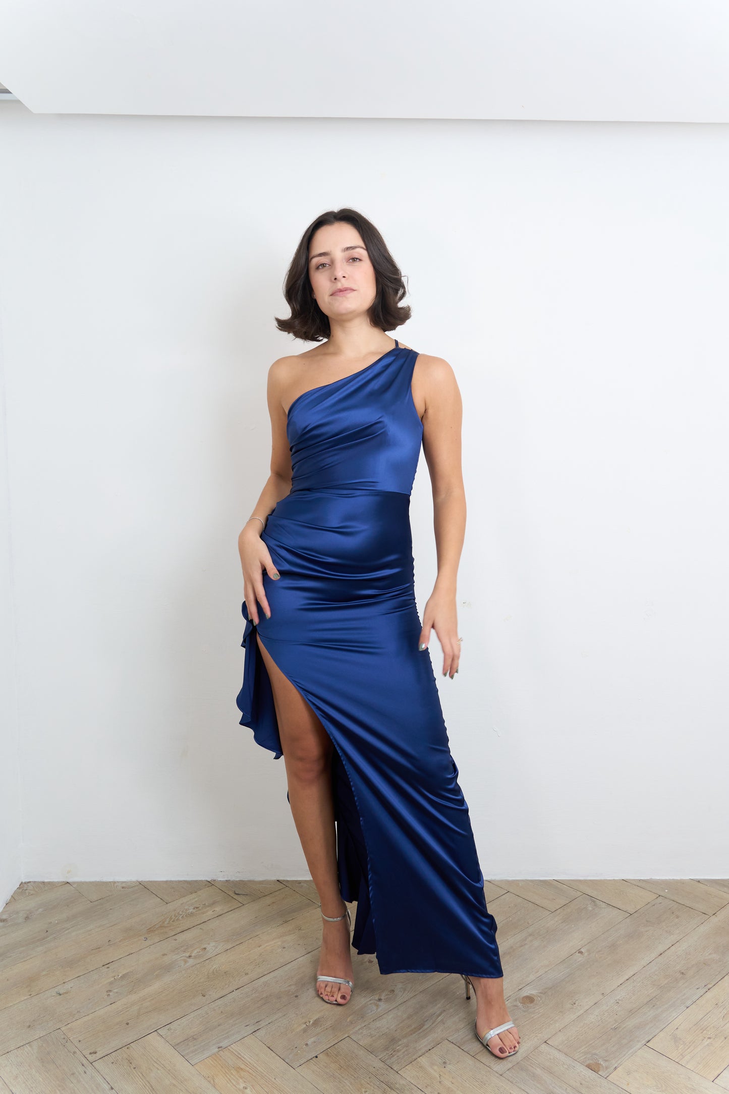 One Shoulder Navy Satin Dress