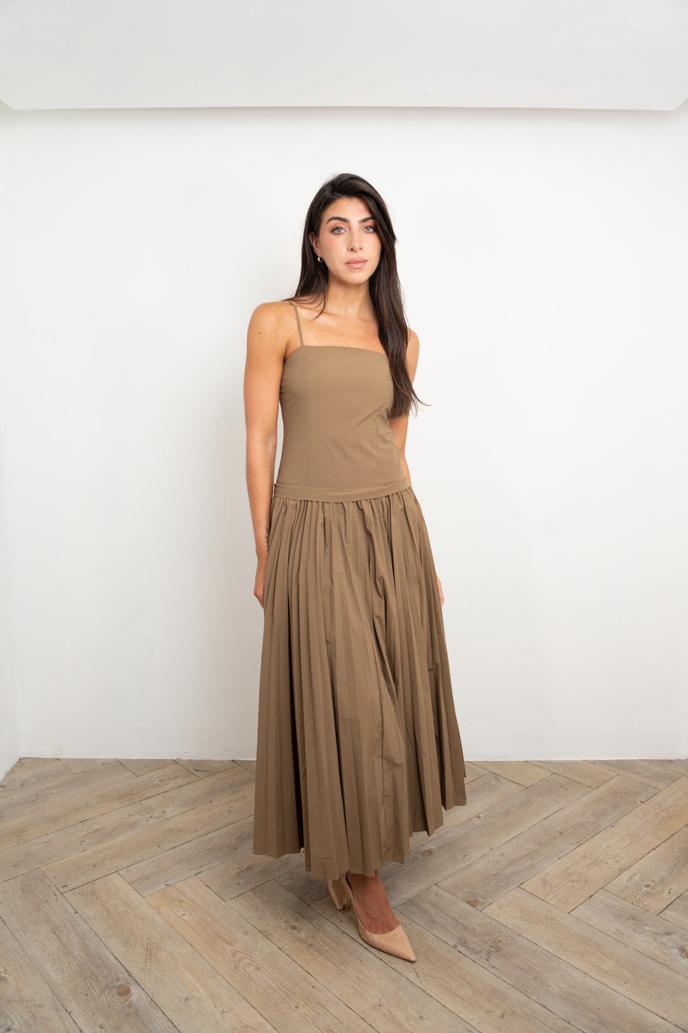 Olive Midi Pleated Skirt Dress