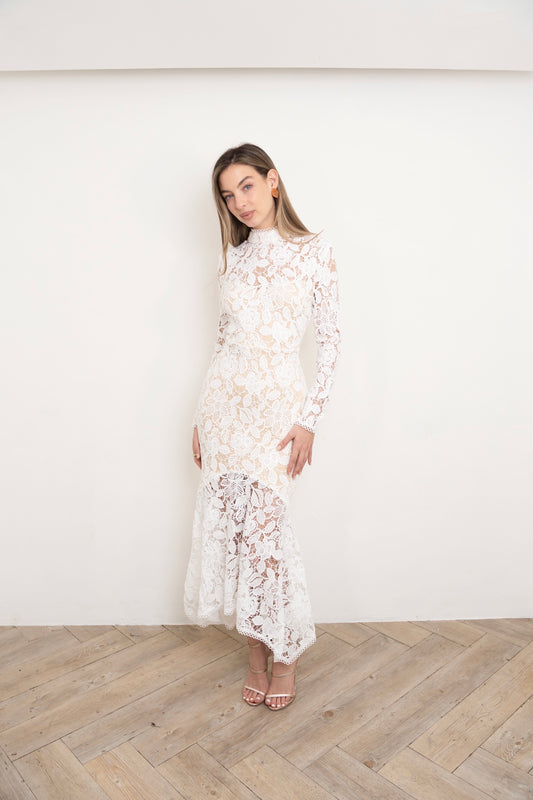 White Bridal Lace Midi Dress