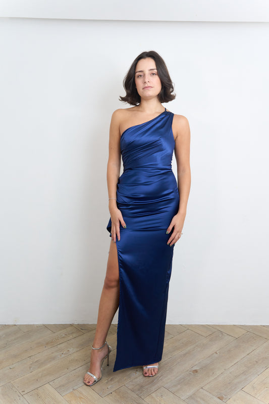 One Shoulder Navy Satin Dress