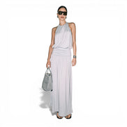 Vestido Largo Azul Cielo con Halter y Cintura Fruncida