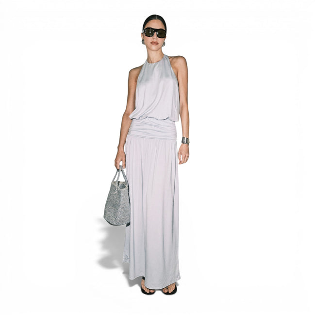 Vestido Largo Azul Cielo con Halter y Cintura Fruncida
