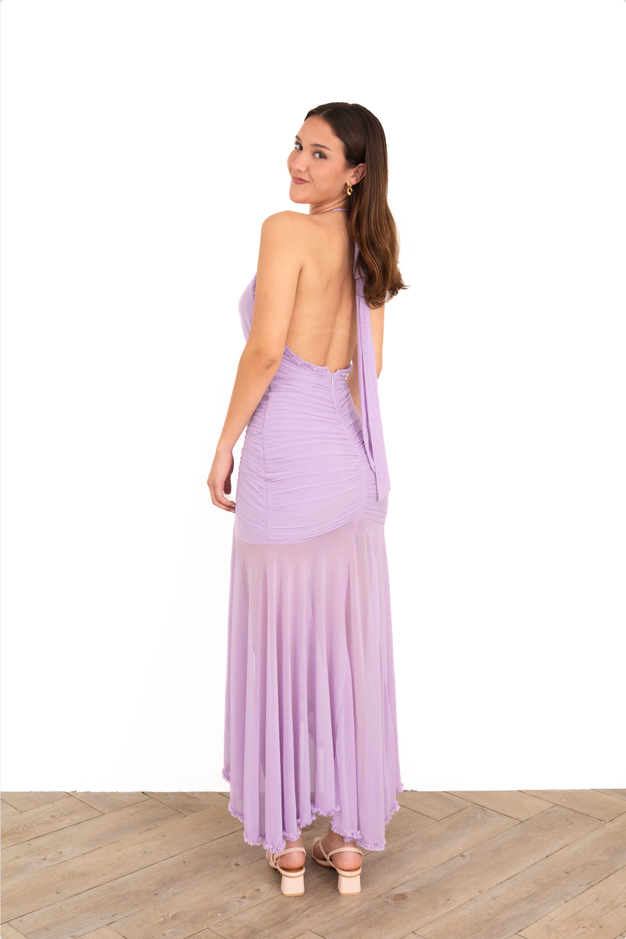 Vestido Largo Lila con Holanes y Halter