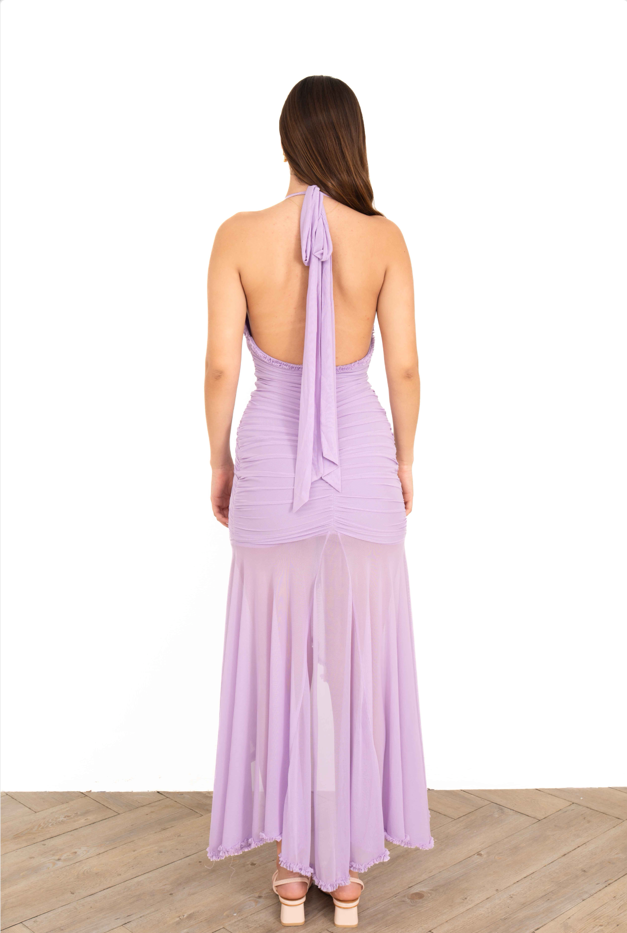 Vestido Largo Lila con Holanes y Halter