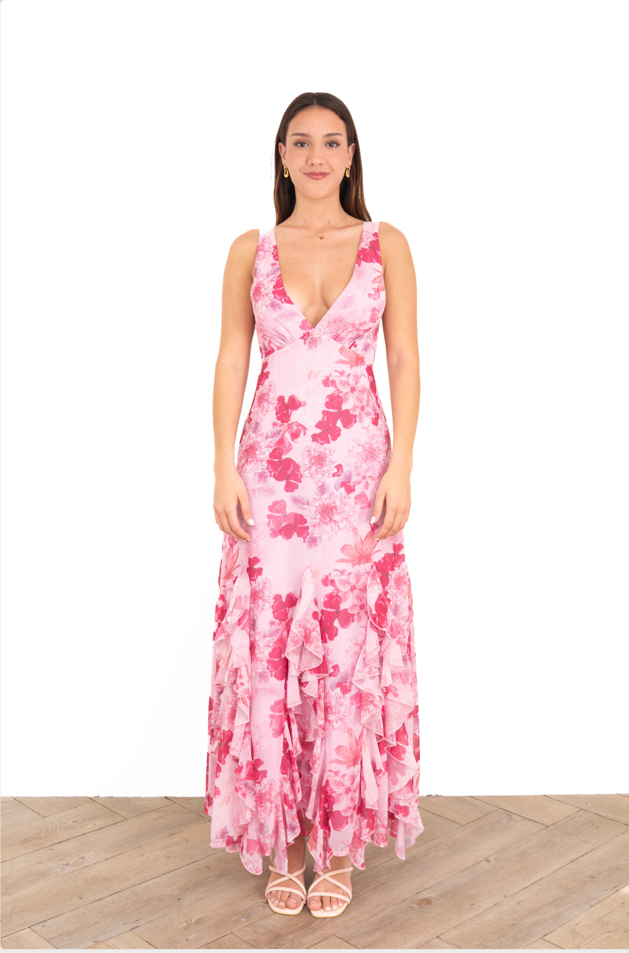 Vestido Largo Rosa con Escote en V