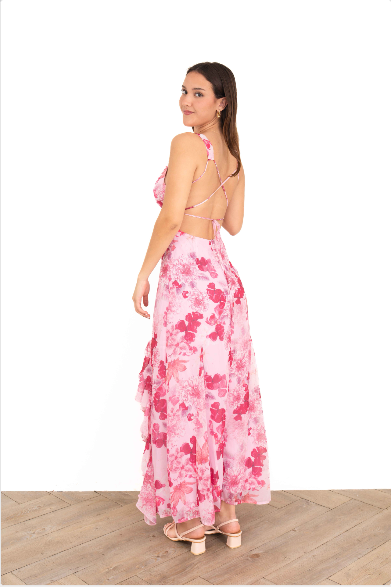 Vestido Largo Rosa con Escote en V