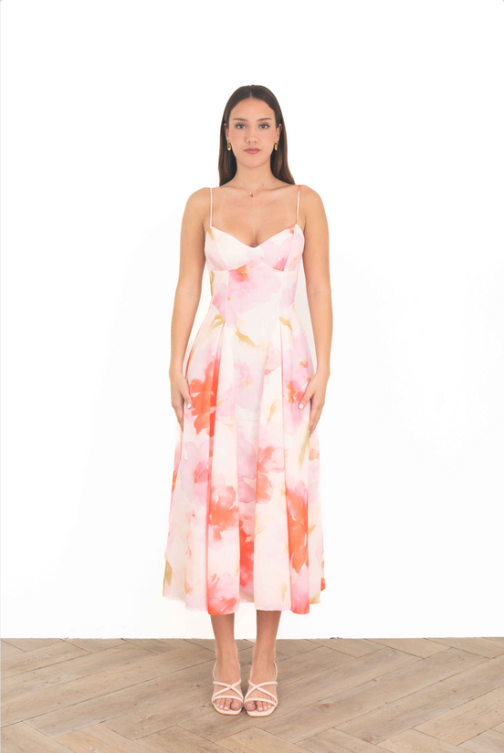 Vestido Midi Floral Rosa con Escote Sweetheart