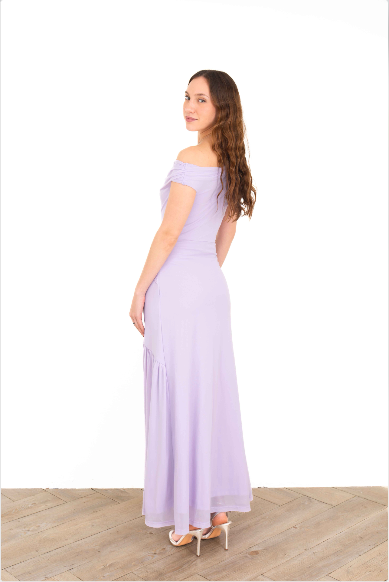 Vestido Largo Lila Fruncido de Hombros Caídos
