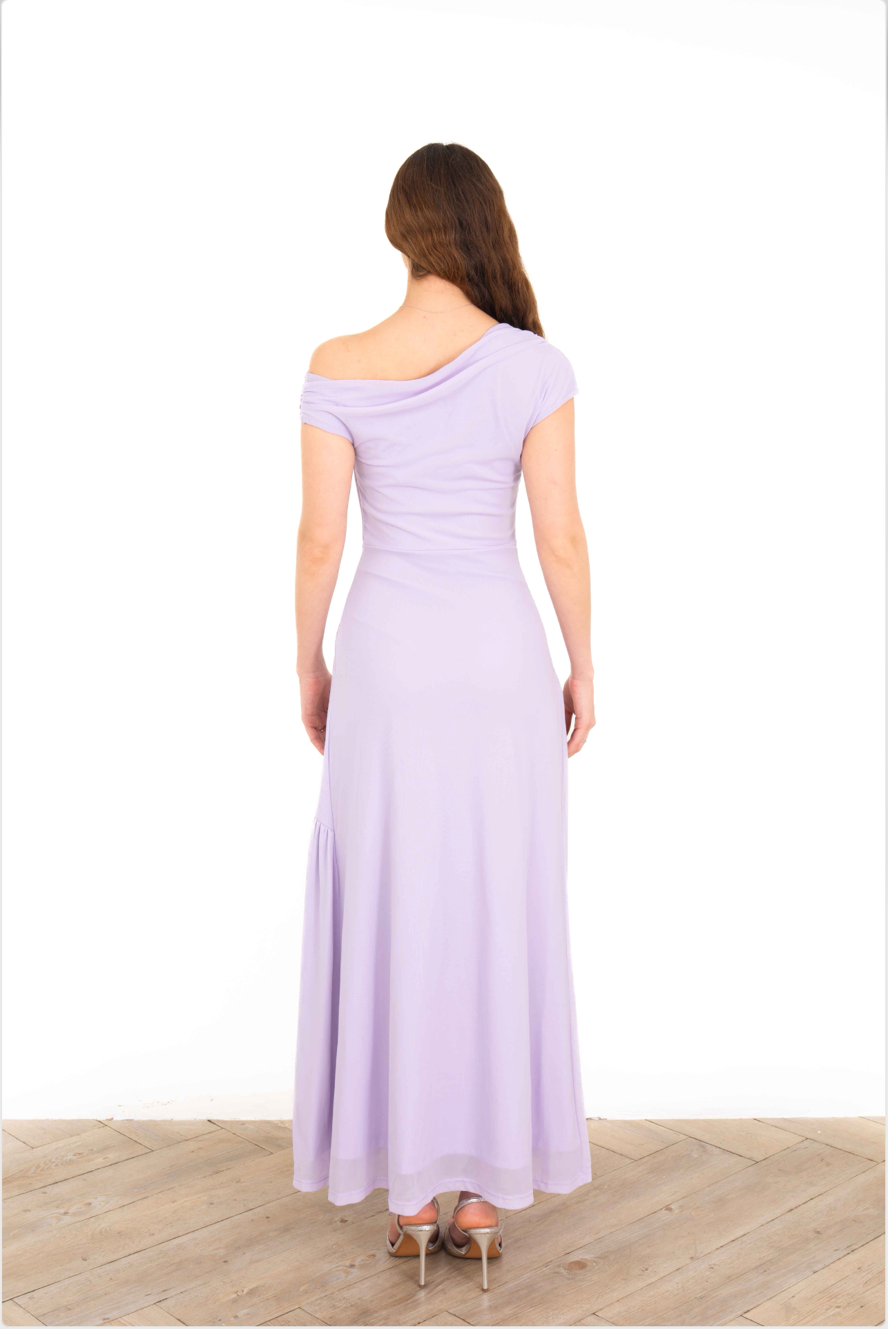 Vestido Largo Lila Fruncido de Hombros Caídos