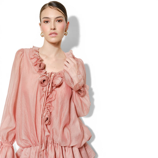 Vestido Corto Rosa con Mangas Largas, Holanes y Detalle de Rosas