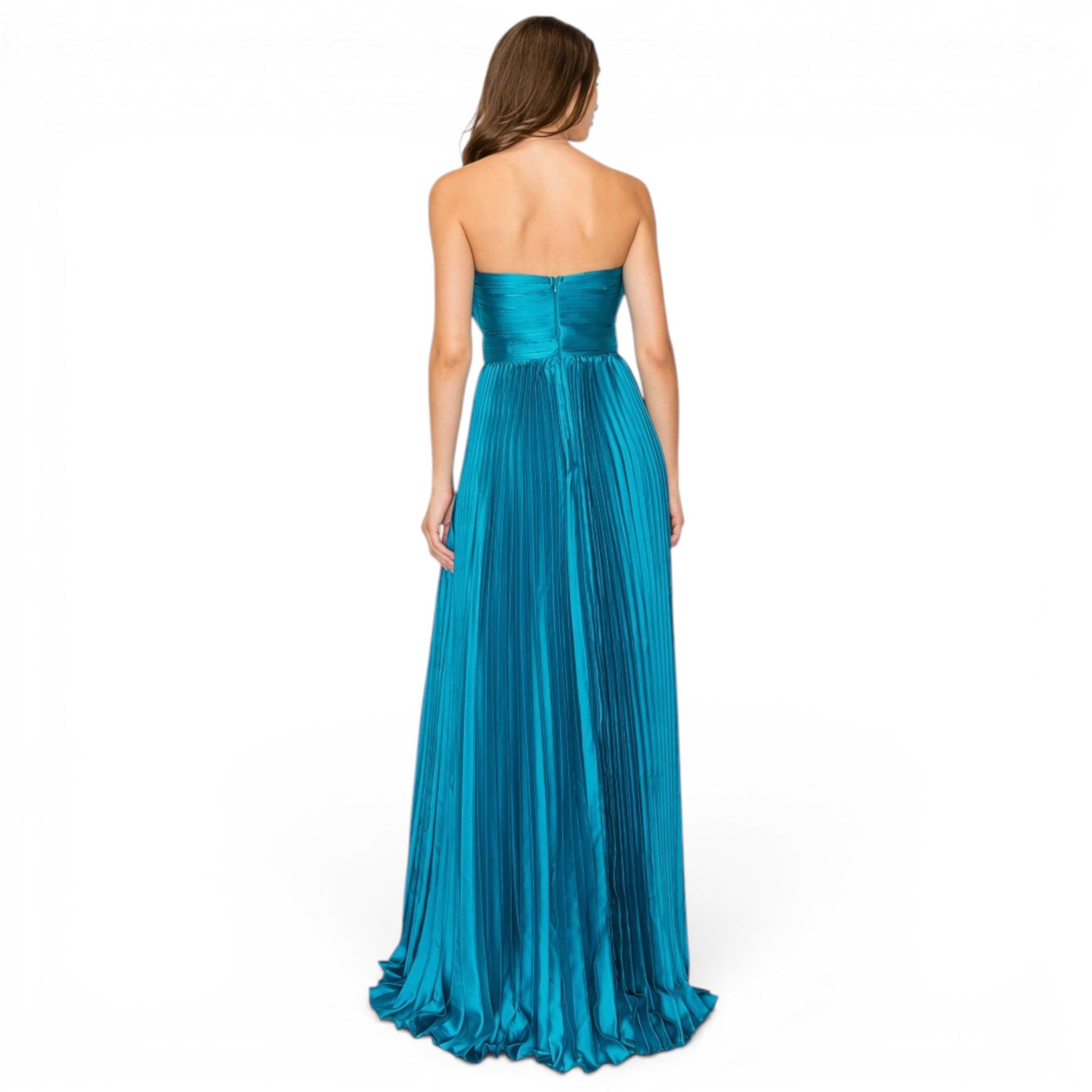 Vestido Largo Azul Pavo con Volantes y Abertura Lateral