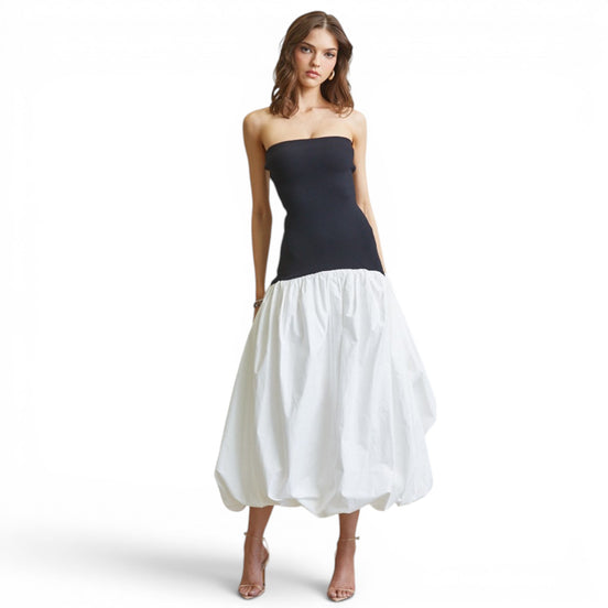 Vestido Midi Bicolor Negro y Blanco con Falda Globo