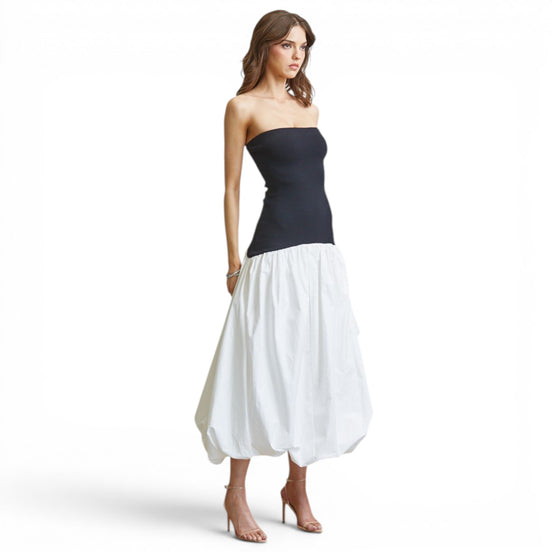 Vestido Midi Bicolor Negro y Blanco con Falda Globo