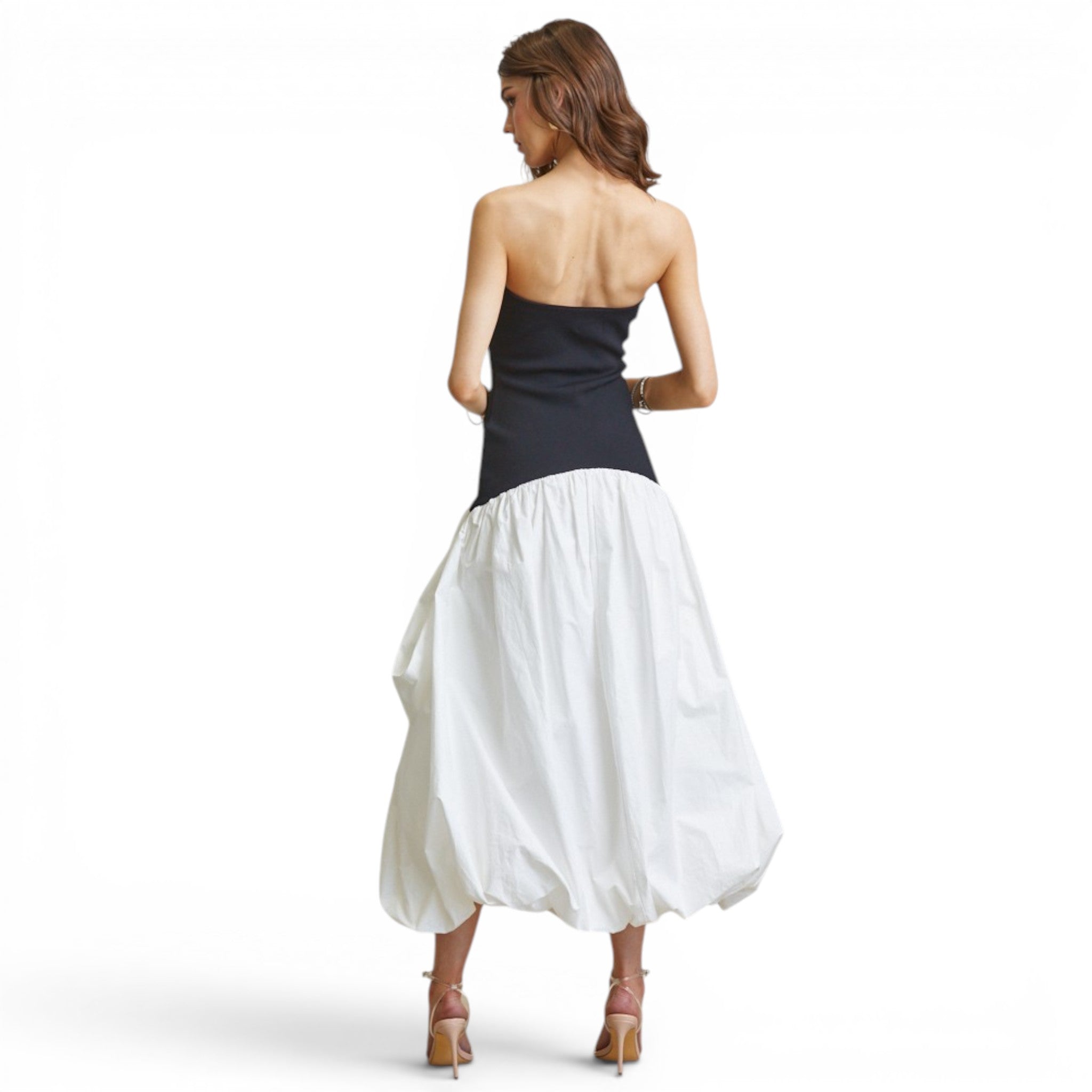 Vestido Midi Bicolor Negro y Blanco con Falda Globo